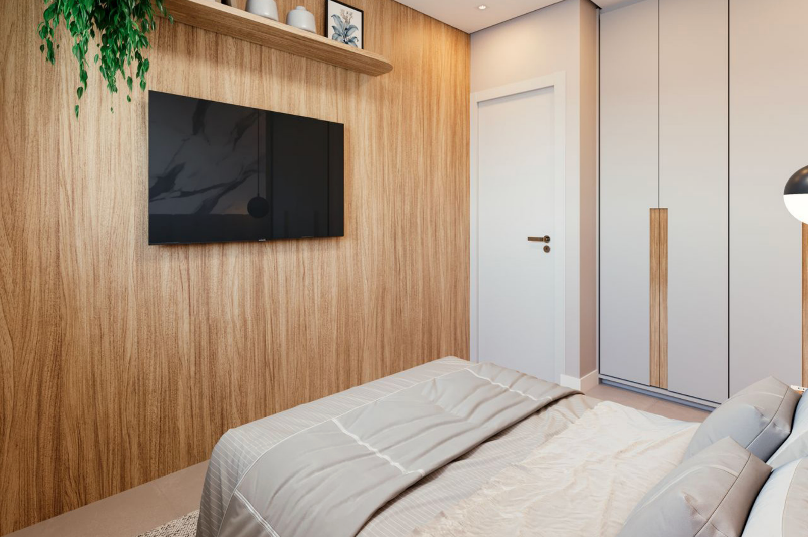 Quarto do studio com painel de madeira e TV